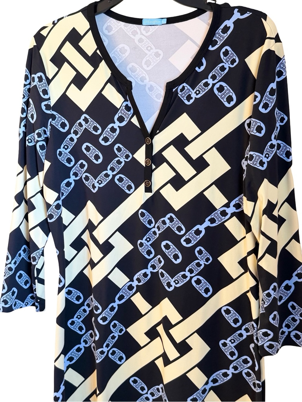 J McGlaughlin Navy & Cream Geometric Chain Print Tunic Dress - Picture 3 of 10
